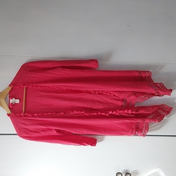 Chicos Linen Red/Pink Open Kimono Shawl Poncho Tassels Boho Beach Sz.0S - Picture 1 of 9
